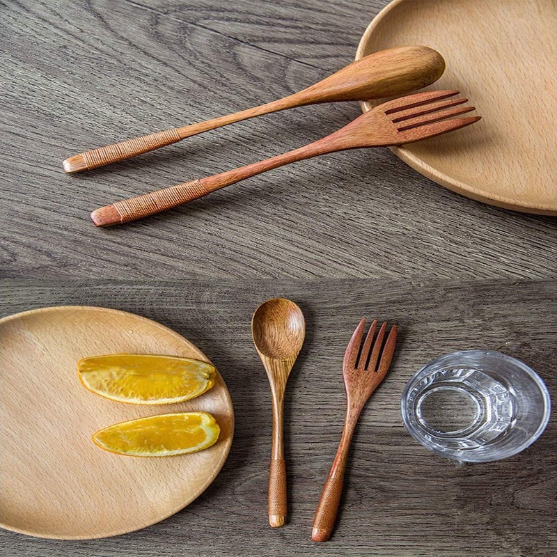XMHF Wooden 9 inch Japanese Spoon Fork Set Kitchen Tableware Dinnerware Flatware Natural Wood Cutlery Wooden Dinner Utensil Set, 3 Spoons and 3 Forks (Brown Tied Line) - Image 4